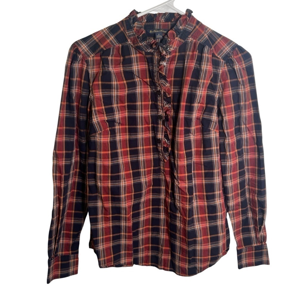 Brooks Brothers Women's Sz 2 Popover Blouse Navy Red Plaid Ruffle Details Cotton